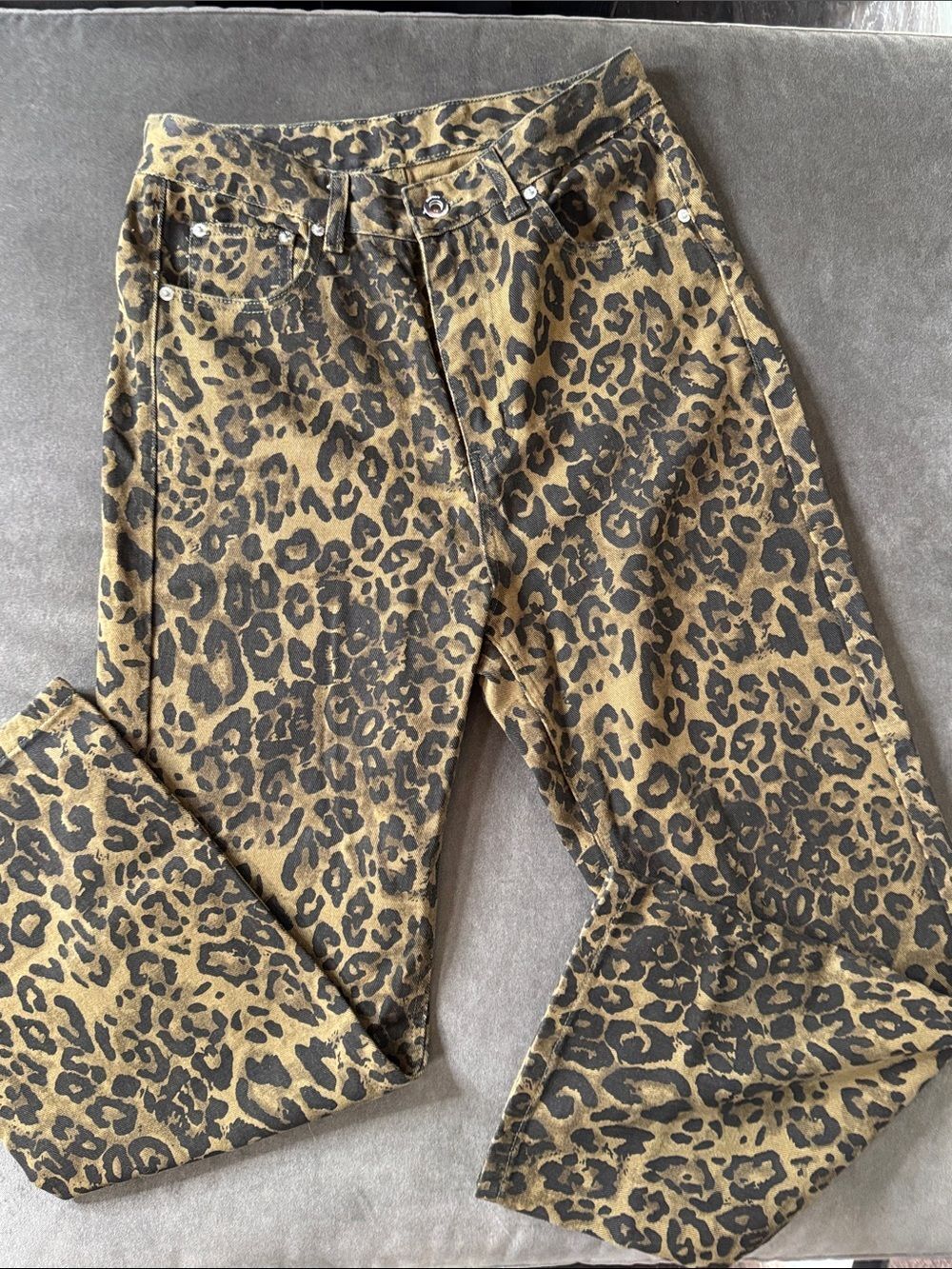 Women’s Leopard Print Wide Leg Denim Jeans Brown Black Y2K **READ Size 34” NWOT